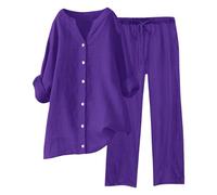 Tuta Lino Donna Estiva Elegante Coordinato Larghi Camicia + Pantaloni Leggera Cotone E Lino Estivo Tute Da Ginnastica Primavera Curvy Set Due Pezzi Maniche 3/4 Jogging Traspirante Set Spiaggia