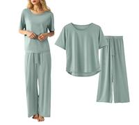 Tuta Loungewear Estiva Donna in Tessuto Fresco, Top a Maniche Corte Scollo Rotondo e Pantaloni, Set Pigiama Morbido e Traspirante per la Casa