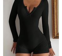 Tuta monocolore con scollo a V e bottoni da donna Vaiaye - Tuta corta aderente a maniche lunghe, adatta per fitness, sport all'aperto sexy e versatili, tuta in maglia a maniche lunghe per San Valentin