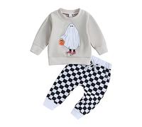 Tuta Neonato 2Pz Completo Bambino di Halloween Ragazzo Magliette Manica Lunga Felpa Senza Cappuccio Maglia Stampa Fantasma di Halloween+Pantaloni Stampa Scacchiera (Grigio chiaro, 2-3 Years)