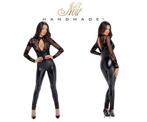 Tuta Nera con Pantaloni Effetto Bagnato e Top in Tulle Trasparente Noir Jumpsuit