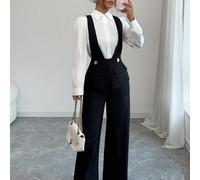 Tuta nera da donna con scollo a V profondo, vita arricciata e pannello frontale, elegante e sofisticata, adatta come outfit per insegnanti, per la Festa dell'Indipendenza, in autunno L,M,S,XLBlocchi d