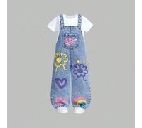 Tuta overall casual in morbido denim con stampa floreale, cuore, arcobaleno e graffiti di moda per ragazze giovani 6Y,7Y,8Y,4Y,5YFumetto,Geometrico,LettereDenim