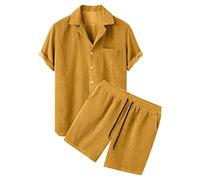 Tuta Palestra Uomo Tute da Ginnastica Complete Uomo Completo Estivo da Uomo in Velluto A Coste Traspirante con Pieghe Due Pezzi Camicia A Maniche Corte E Pantaloni (Giallo M)