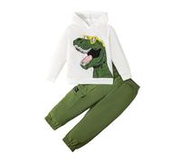 Tuta per bambini con stampa di dinosauri, a maniche lunghe, felpa con cappuccio e pantaloni cargo in vita elastica, set da 2 pezzi per autunno e inverno, Bianco e verde., 6 anni
