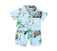 Tuta per bambini e ragazzi, con stampa tropicale, a maniche corte, con bottone, per l'estate, set casual, per bambini, da spiaggia, per 2 mesi, Blu, 0-3 mesi