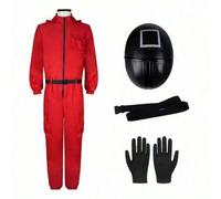Tuta rossa con cappuccio Costume Squid Guard Game Travestimento per uomo e donna Costume coreano Personaggio dello show televisivo di Halloween Tuta rossa con guanti neri e maschera circolare/triangol