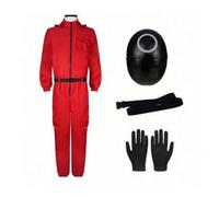 Tuta rossa con cappuccio Costume Squid Guard Game Travestimento per uomo e donna Costume coreano Personaggio dello show televisivo di Halloween Tuta rossa con guanti neri e maschera circolare/triangol