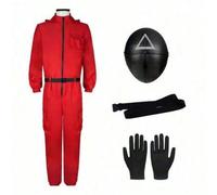 Tuta rossa con cappuccio Costume Squid Guard Game Travestimento per uomo e donna Costume coreano Personaggio dello show televisivo di Halloween Tuta rossa con guanti neri e maschera circolare/triangol