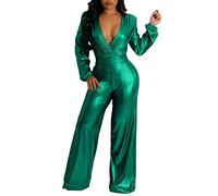 Tuta sexy a vita alta, da donna, per feste, con glitter, elegante, a maniche lunghe, per feste e feste, verde, S