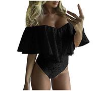 Tuta sexy da donna in pizzo senza spalle scoperte con scollo a V, aderente, elegante body da donna, maglietta estiva in rete, slim con scollo a U, Nero , XXL
