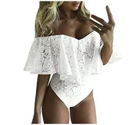 Tuta sexy da donna in pizzo senza spalle scoperte con scollo a V, aderente, elegante body da donna, maglietta estiva in rete, slim con scollo a U, bianco, S