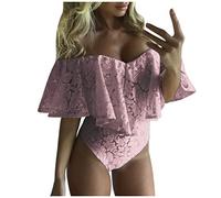 Tuta sexy da donna in pizzo senza spalle scoperte con scollo a V, aderente, elegante body da donna, maglietta estiva in rete, slim con scollo a U, Colore: rosa., XXL