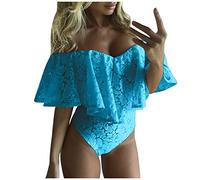 Tuta sexy da donna in pizzo senza spalle scoperte con scollo a V, aderente, elegante body da donna, maglietta estiva in rete, slim con scollo a U, Blu, M