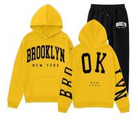 Tuta sportiva da donna, 2 pezzi, taglie grandi, basic, in due pezzi, da jogging, con cappuccio, in vita elasticizzata, da jogging, per l'inverno, a maniche lunghe, sportiva, da donna, giallo., XXL