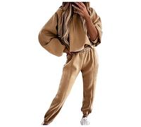 Tuta sportiva da donna, in cotone, con cappuccio e pantaloni da jogging, casual, per il tempo libero, in due pezzi, con cappuccio, pantaloni sportivi, tinta unita, cachi, S