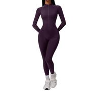 Tuta sportiva da donna, lunga, aderente, a maniche lunghe, con collo alto, con chiusura lampo, senza cuciture, foderata, in pile, a coste, a maniche lunghe