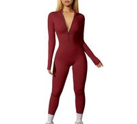 Tuta sportiva da donna, sexy, a maniche lunghe, aderente, con zip, body shape, elasticizzato, a coste, per lo streetwear, 2 in 1, Colore: rosso, S