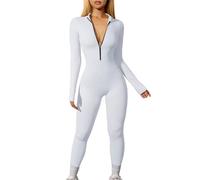 Tuta sportiva da donna, sexy, a maniche lunghe, aderente, con zip, body shape, elasticizzato, a coste, per lo streetwear, 2 in 1, bianco, M