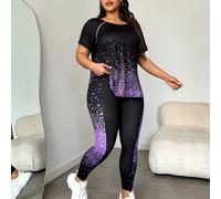 Tuta sportiva da donna taglie forti con stampa lucida, composta da t-shirt girocollo a maniche corte e pantaloni, set da allenamento estivo per donne 1XL,2XL,3XL,4XLBlocchi di colore,Grafico,Leopardo,