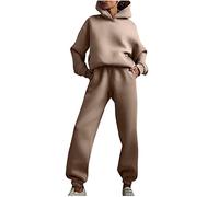 Tuta sportiva da donna, tinta unita, da jogging, a maniche lunghe, con cappuccio, con tasche, set da 2 pezzi, comoda, traspirante, da donna, per il tempo libero, Z027 Caffè, M
