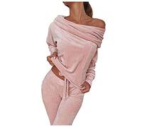 Tuta Sportiva Donna Due Pezzi Top Spalla Nuda a Maniche Lunghe e Pantaloni in Pile Set Casual e Accogliente per la Stagione Fredda