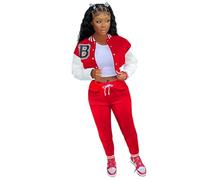 Tuta Sportiva Donna Stile Baseball Due Pezzi, Giacca con Stampa a Lettere e Pantaloni Jogger, Set Autunno Inverno per un Look Americano