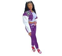 Tuta Sportiva Donna Stile Baseball Due Pezzi, Giacca con Stampa a Lettere e Pantaloni Jogger, Set Autunno Inverno per un Look Americano