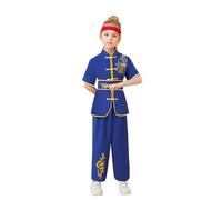 Tuta Sportiva Unisex per Bambini in Raso per Wushu con Camicia a Maniche Corte e Pantaloni artistici (Blue, 7-8 Years)