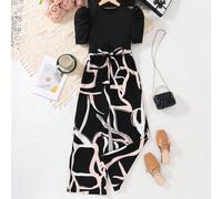 Tuta stampata geometrica bianca e nera con cintura a fiocco per ragazze adolescenti, maniche corte a Capri, gamba ampia, vita elastica, design 2 in 1 per vacanze e tempo libero 14Y,13Y,16Y,15YGraficoT