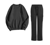 Tuta unisex da 2 pezzi, set autunno-inverno, scollo rotondo, felpa e pantaloni da jogging, tinta unita, calda, comoda, da jogging, per attività all'aperto, allenamento, sport, con coulisse, S-Xxl