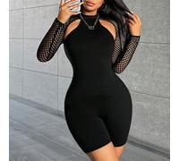 Tuta unitard aderente da donna di colore Unito, outfits estivi, rete a maglia nera sexy e contrasto di mesh per outfit da concerto L,M,S,XL,XS,XXL,XXS,XXXL,XXXXLColore unicoTessuto in maglia