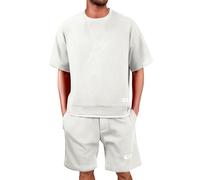 Tuta Uomo Completa Estiva Corto Eleganti Due Pezzi Waffle Maglietta a Maniche Corte + Pantaloni Corti Largo Set in Cotone Morbido e Comodi Tuta da Ginnastica con Scollo Tondo Completo Sportivo S-5XL
