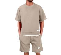 Tuta Uomo Completa Estiva Corto Eleganti Due Pezzi Waffle Maglietta a Maniche Corte + Pantaloni Corti Largo Set in Cotone Morbido e Comodi Tuta da Ginnastica con Scollo Tondo Completo Sportivo S-5XL