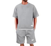 Tuta Uomo Completa Estiva Corto Eleganti Due Pezzi Waffle Maglietta a Maniche Corte + Pantaloni Corti Largo Set in Cotone Morbido e Comodi Tuta da Ginnastica con Scollo Tondo Completo Sportivo S-5XL