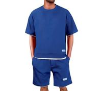 Tuta Uomo Completa Estiva Corto Eleganti Due Pezzi Waffle Maglietta a Maniche Corte + Pantaloni Corti Largo Set in Cotone Morbido e Comodi Tuta da Ginnastica con Scollo Tondo Completo Sportivo S-5XL