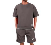 Tuta Uomo Completa Estiva Corto Eleganti Due Pezzi Waffle Maglietta a Maniche Corte + Pantaloni Corti Largo Set in Cotone Morbido e Comodi Tuta da Ginnastica con Scollo Tondo Completo Sportivo S-5XL