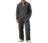 Tuta Uomo Completa Tinte Unite, Tuta Ginnastica Uomo Fitness, Felpe Senza Cappuccio Cerniera a Mezza Lunghezza E Pantaloni ; Moda Tute con Tasche - 2 Pezzi Sportiva Grigio Scuro XL