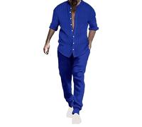Tuta Uomo Completo Estiva Cotone e Lino Girocollo Morbido Completi Sportivi Traspiranti Larghi Camicia a Maniche Corte + Pantaloni Vacanza Spiaggia Set Due Pezzi Eleganti Elastico Tuta Da Ginnastica