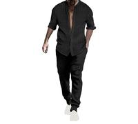 Tuta Uomo Completo Estiva Cotone e Lino Girocollo Morbido Completi Sportivi Traspiranti Larghi Camicia a Maniche Corte + Pantaloni Vacanza Spiaggia Set Due Pezzi Eleganti Elastico Tuta Da Ginnastica