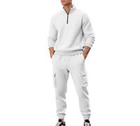 Tuta Uomo Tinte Unite, Tute da Ginnastica da Uomo Sportiva, Felpe Senza Cappuccio Cerniera a Mezza Lunghezza E Pantaloni ; Trekking Tute con Tasche - 2 Pezzi Moda Bianco M