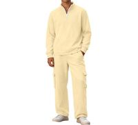 Tuta Uomo Tinte Unite, Tute Sportive Uomo Casual, Felpe Senza Cappuccio Cerniera a Mezza Lunghezza E Pantaloni ; Moda Completo con Tasche - 2 Pezzi Running Beige XXL