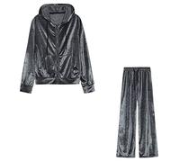 Tuta Velluto Donna Sportiva Tute Sportive Donna Eleganti Tuta Zip Ginnastica Jogging Due Pezzi Donna Completa Tute Casa Lunghe Set Tuta Cappuccio Taglie Forti Lunga Tracksuit Donna Signora Grigio L
