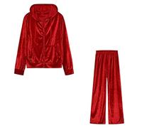 Tuta Velluto Donna Sportiva Tute Sportive Donna Eleganti Tuta Zip Ginnastica Jogging Due Pezzi Donna Completa Tute Casa Lunghe Set Tuta Cappuccio Taglie Forti Lunga Tracksuit Donna Signora Rosso L
