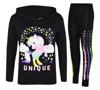 Tute Bambina Ragazze Set Leggings Floss Nero Con Cappuccio Unicorno Unico