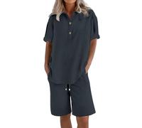 Tute estive da donna 2 pezzi abiti beige a maniche lunghe/corte camicette set sciolto lounge colletto button down camicie a vita alta pantaloni a gamba larga tinta unita roll up outfit donna homewear