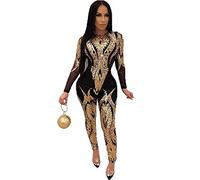 Tute Sexy con Paillettes Glitterate da Donna Jumpsuits Aderenti A Maniche Lunghe con Scollo Tondo Rompers con Pantaloni Lunghi in Prospettiva A Rete (Color : Gold, Size : M)