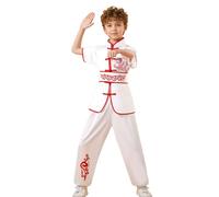 Tute Sportive per Bambini, Unisex, con Camicia a Maniche Corte e Pantaloni Wushu, Completo in Raso, Abbigliamento Artistico (White, 3-4 Years)