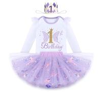 Tutina a maniche corte per il 1° compleanno+glitter paillettes farfalla tutù + corona di compleanno 3 pezzi vestito servizio fotografico, Lilla-B., 12 mesi