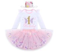 Tutina a maniche corte per il 1° compleanno+glitter paillettes farfalla tutù + corona di compleanno 3 pezzi vestito servizio fotografico, Rosa-B., 12 mesi